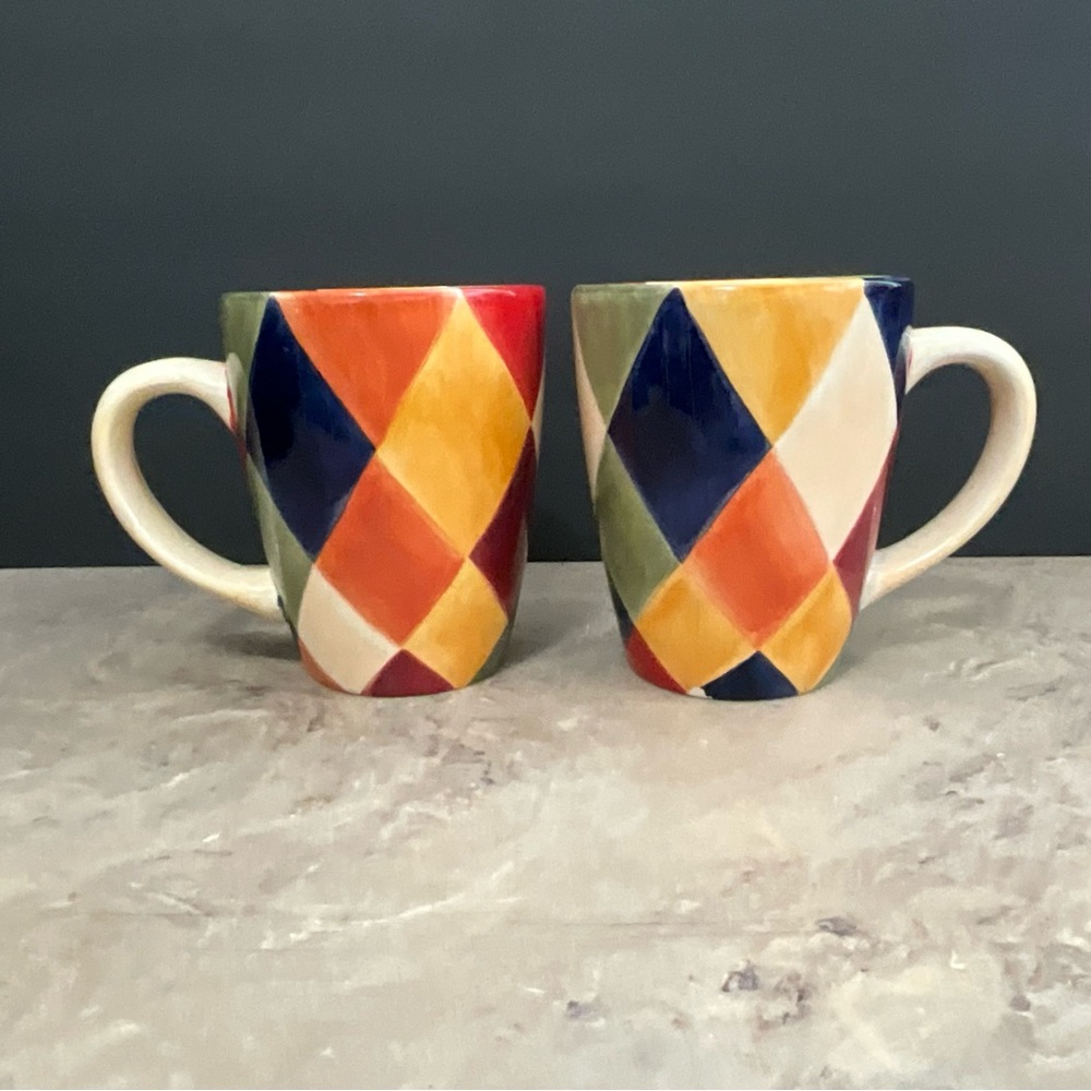 Vintage Ciao Harlequin Mugs, Hand Painted Earthenware, Set of 2